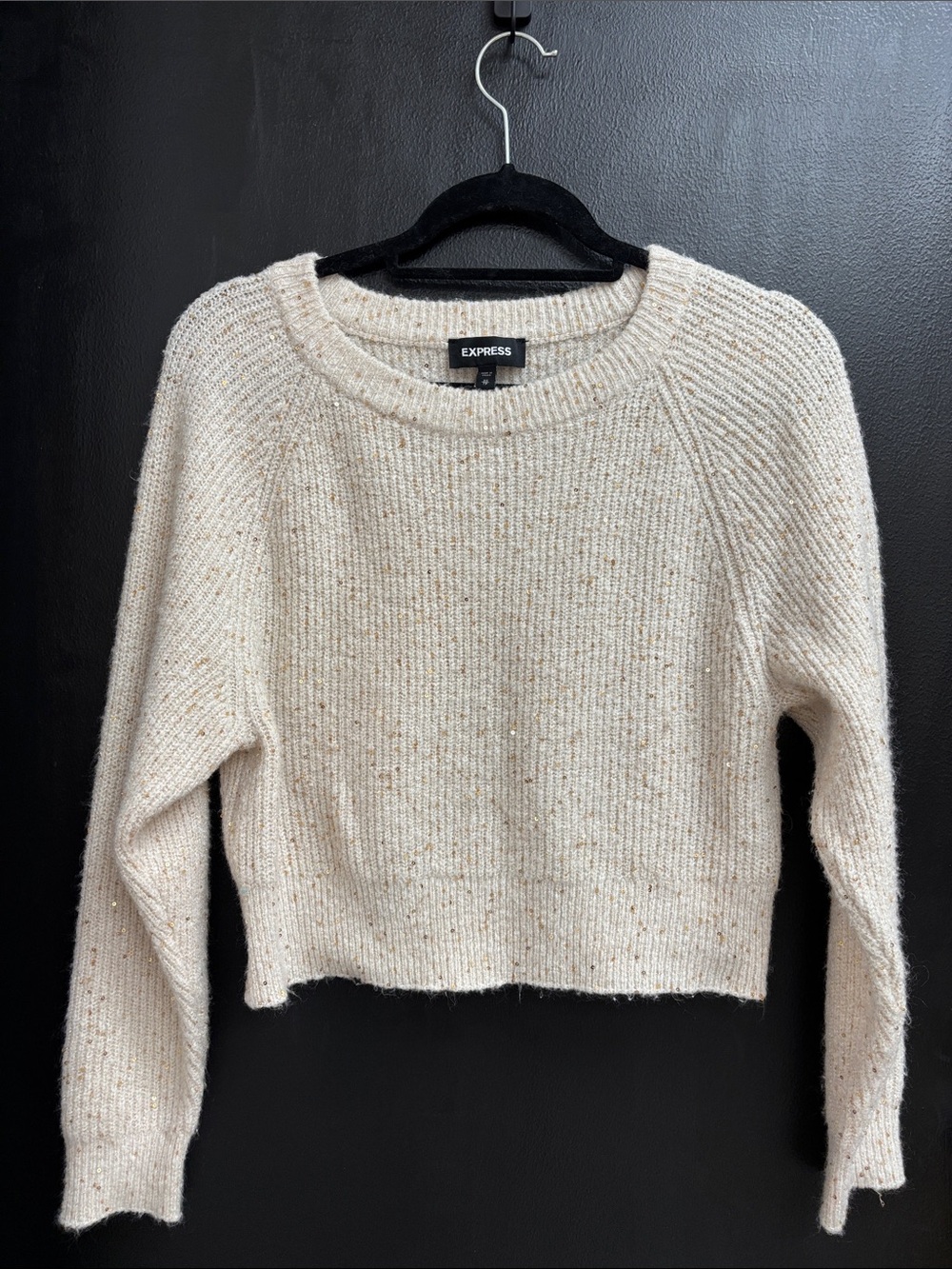 Express Cream Cropped Crewneck Sweater gold sequin cozy fall festive XS